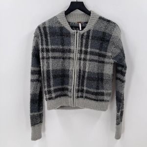 Free People Grey Plaid Fuzzy Sweater Jacket Size Small